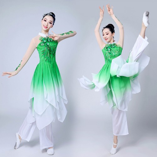 Chinese folk dance dresses gradient color blue pink green china style ancient fairy yangko fan traditional dance costumes tops and pants